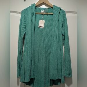 NWT Barefoot Dreams Namaste Rib Hooded Cardigan Turquoise CozyChic Ultra Lite S